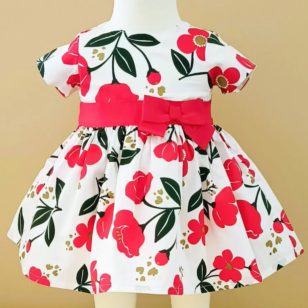 Floral Red Dress & Panties Set 3M Baby Girl's Cottage Core Outfit with Crinoline
